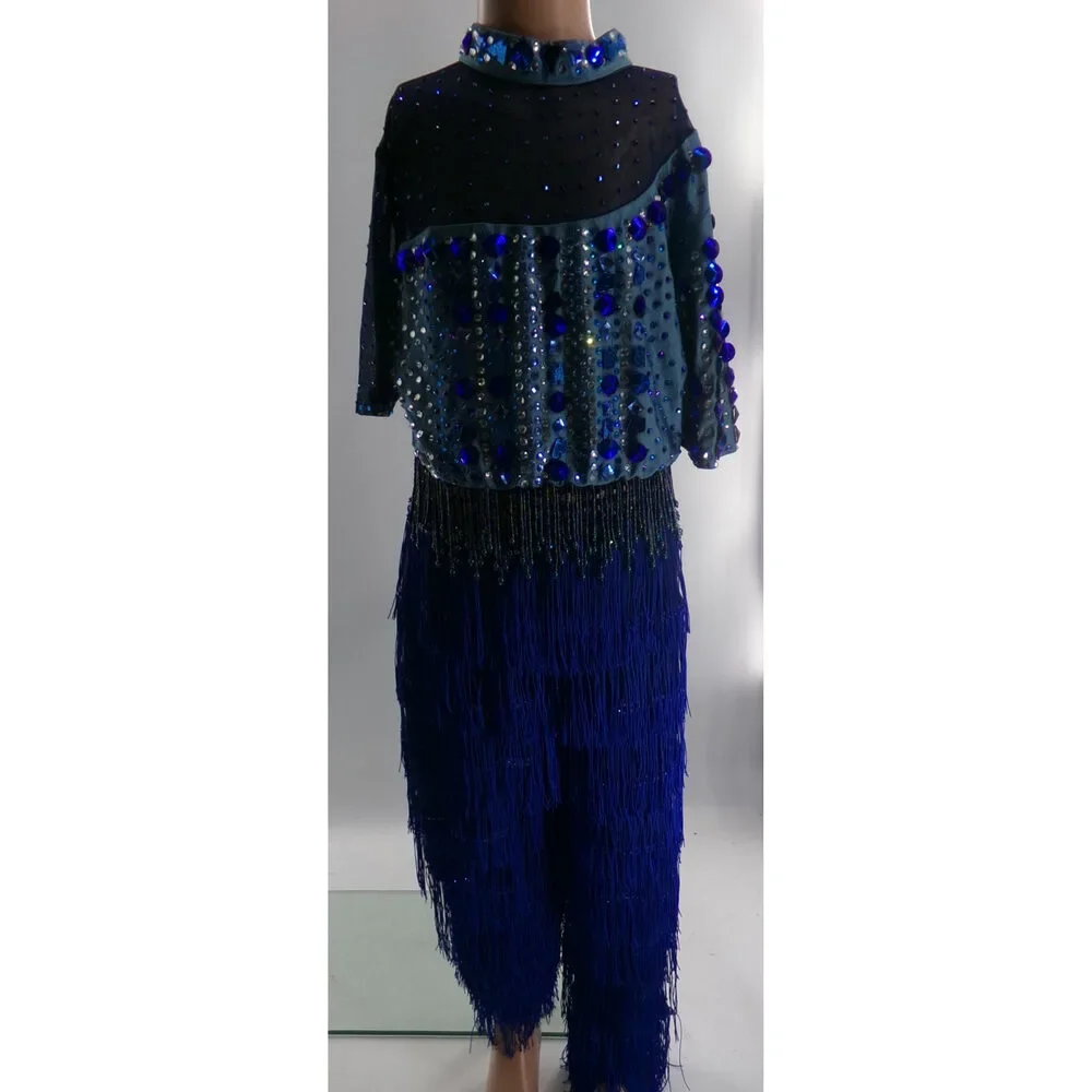 Pre-Owned Dance Costume Large Child Blue Glamour Jazz Tap Clogging Latin Fringe
